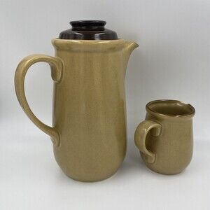 Vintage Hearthside Stoneware Coffee Tea Pot with Lid and Creamer Japan Handpaint